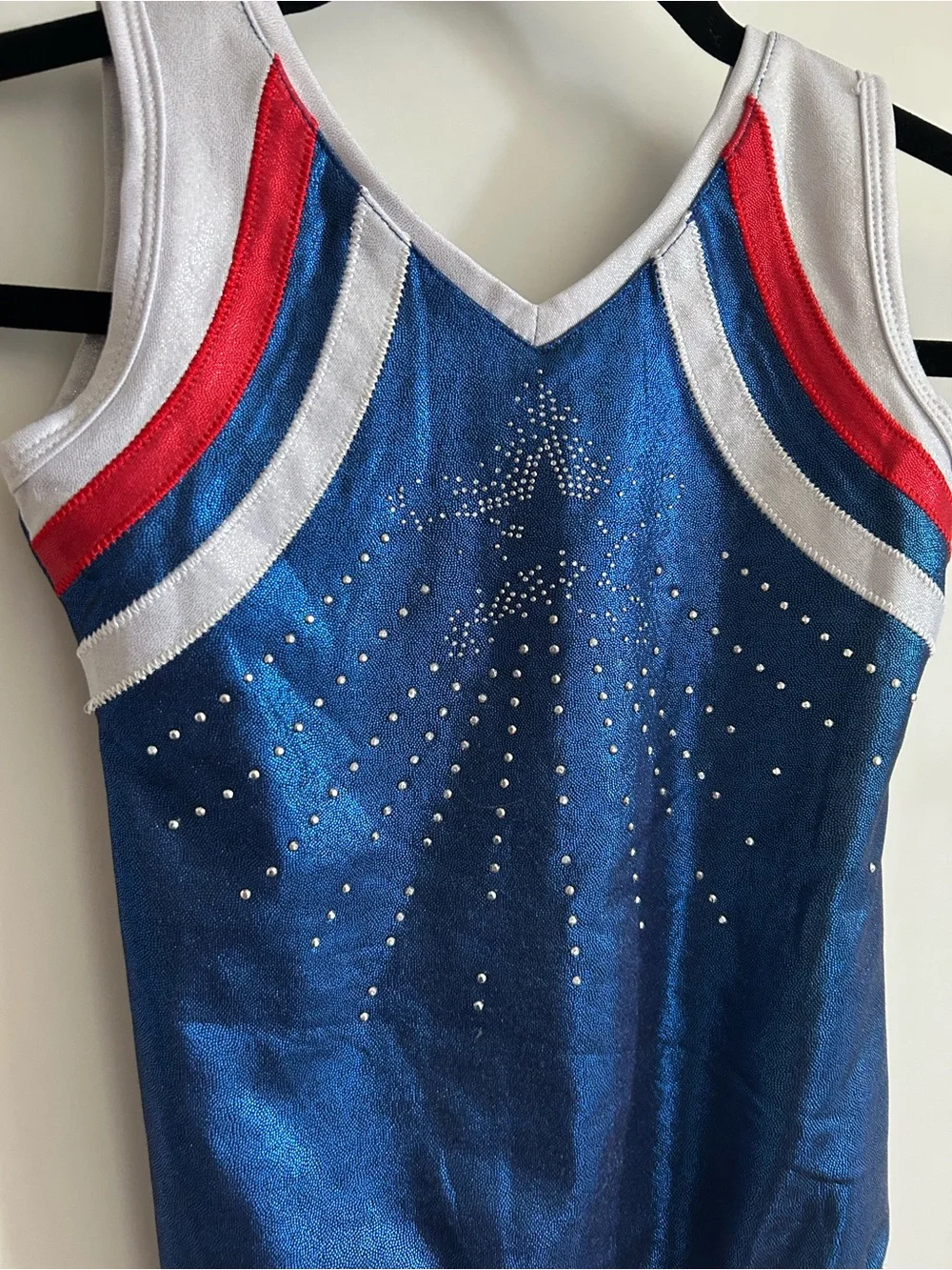 Girls Metallic Blue Gymnastics Leotard with Red & White Accents - Size 8